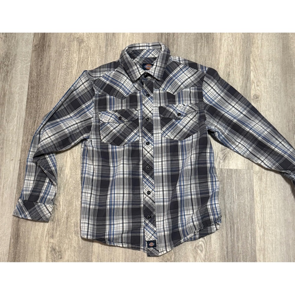 Dickies Boys M Plaid Western Shirt Long Sleeve Button Up Pockets Casual